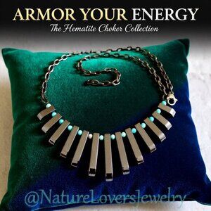 Ocean Soul & Earth Strength. Unique Hematite + Larimar Fan Necklace